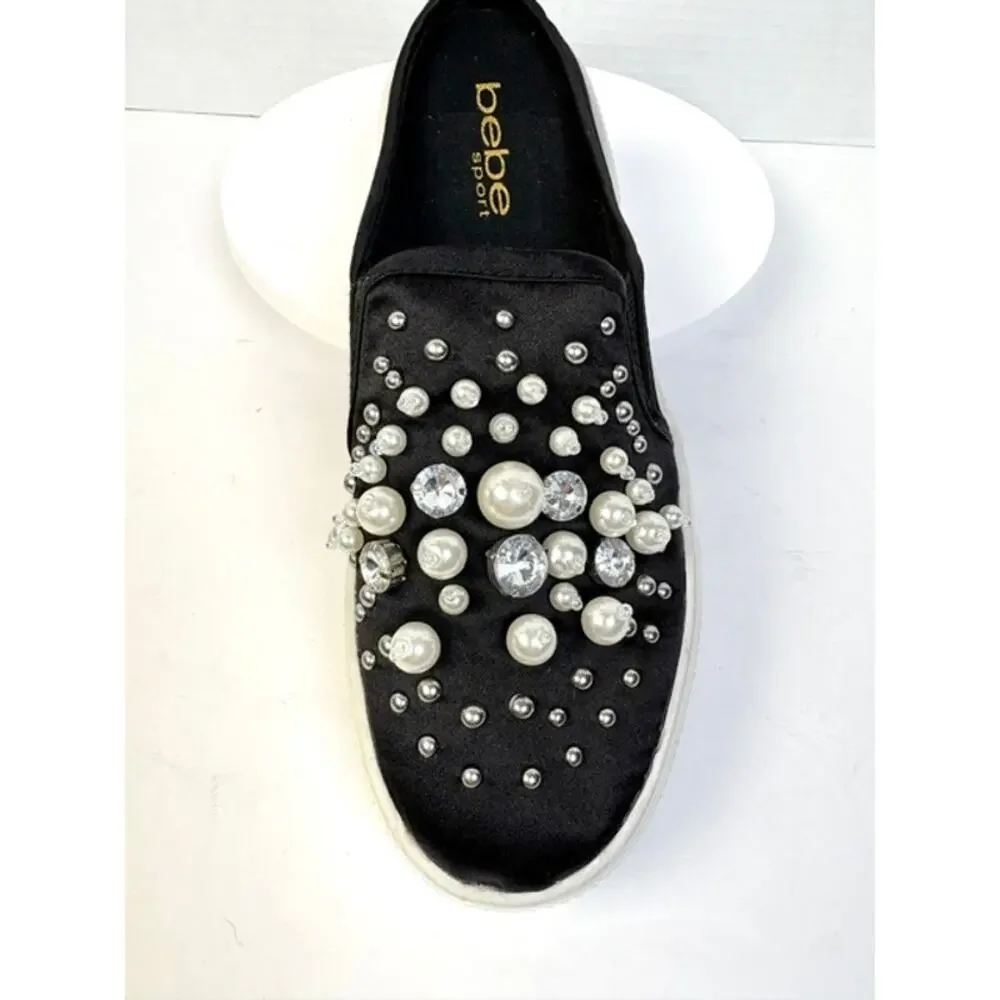 Bebe Sport Fynch Pearl Rhinestone Platform Slip On Sneakers Black Sz 6 Glam Girl
